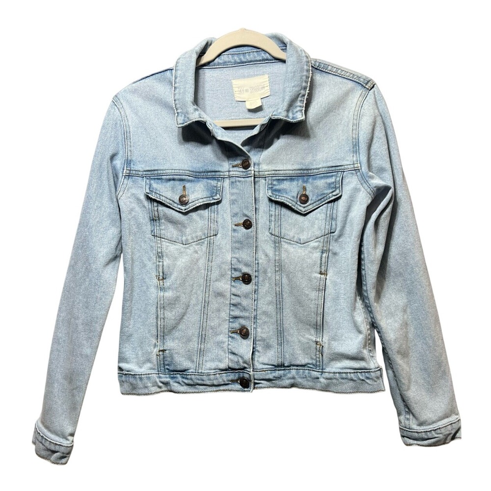 Sky and Sparrow Light Wash Blue Denim Trucker Jacket Womens Medium Stretch